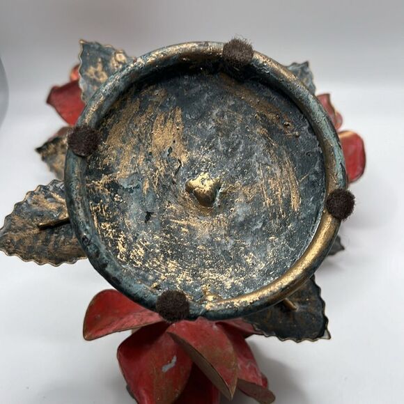 Metal Candle Holder Aged Welded Rustic Patina Pink Metallic Gold Roses w/ Leaves - Picture 15 of 17